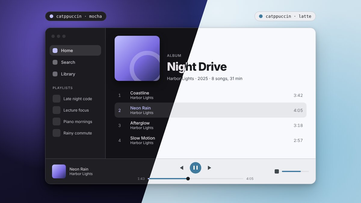 A music player split diagonally between a dark Catppuccin Mocha theme and a light Catppuccin Latte theme, each over a matching wallpaper