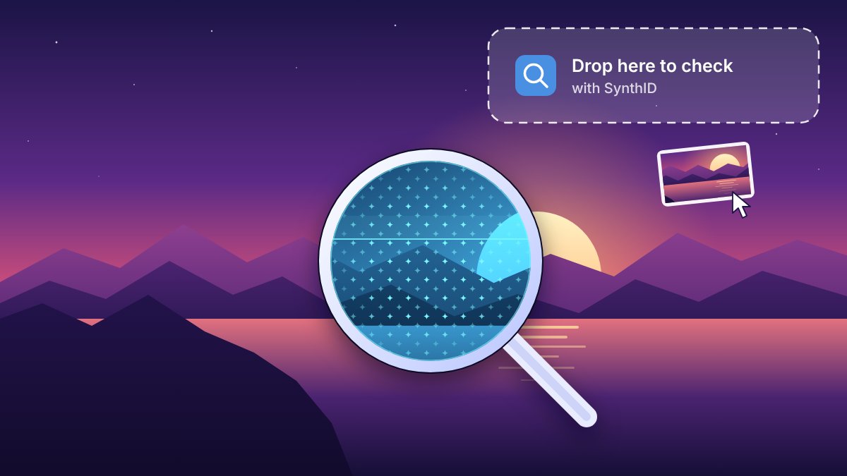 A magnifying glass over a sunset landscape reveals a hidden pattern of sparkles, next to a drop zone reading “Drop here to check with SynthID”